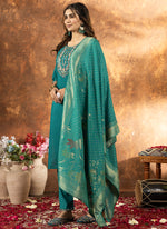 Thumbnail for Prazu Fashion Rama Green Marina Silk Thread Embroidered Kurta Set