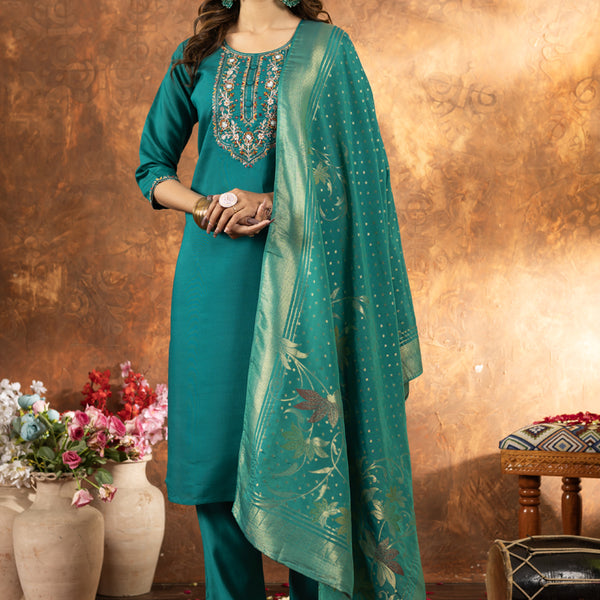Prazu Fashion Rama Green Marina Silk Thread Embroidered Kurta Set - Distacart