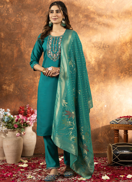 Prazu Fashion Rama Green Marina Silk Thread Embroidered Kurta Set