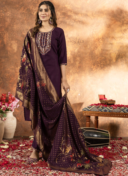 Prazu Fashion Wine Marina Silk Thread Embroidered Kurta Set - Distacart