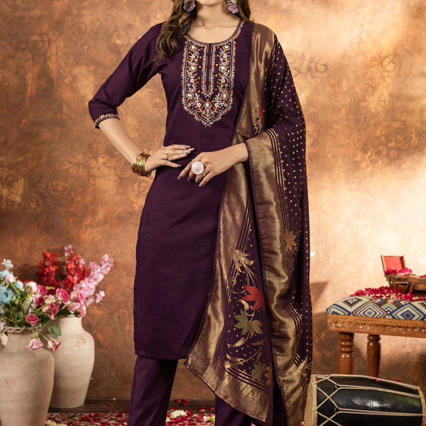 Prazu Fashion Wine Marina Silk Thread Embroidered Kurta Set