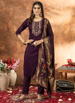 Thumbnail for Prazu Fashion Wine Marina Silk Thread Embroidered Kurta Set