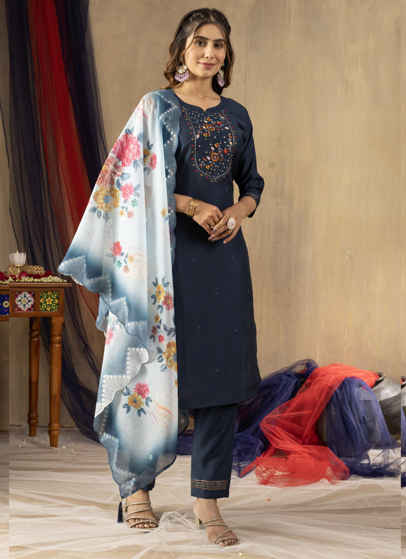 Prazu Fashion Blue Viscose Mango Silk Embroidered Thread Work Kurta Set
