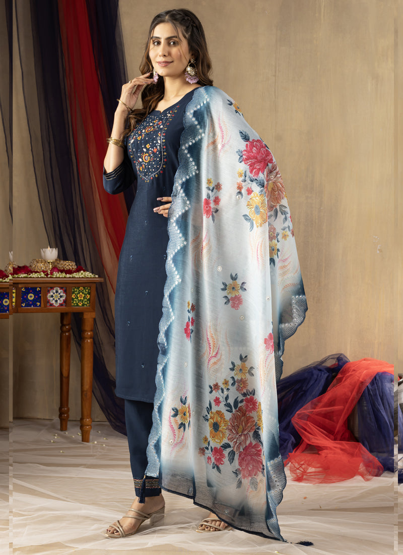 Prazu Fashion Blue Viscose Mango Silk Embroidered Thread Work Kurta Set