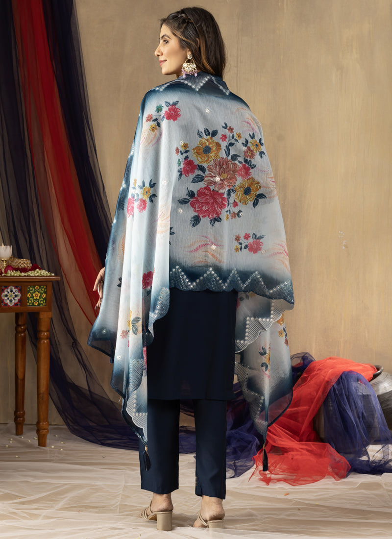 Prazu Fashion Blue Viscose Mango Silk Embroidered Thread Work Kurta Set