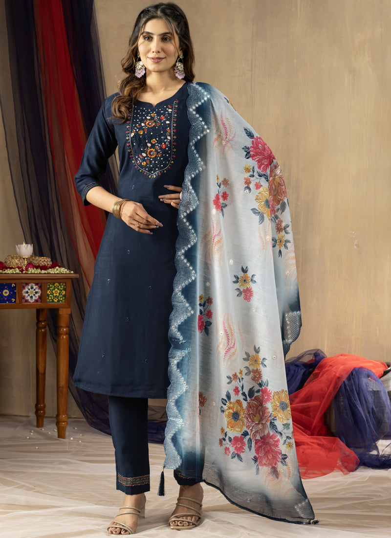 Prazu Fashion Blue Viscose Mango Silk Embroidered Thread Work Kurta Set