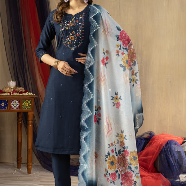 Prazu Fashion Blue Viscose Mango Silk Embroidered Thread Work Kurta Set