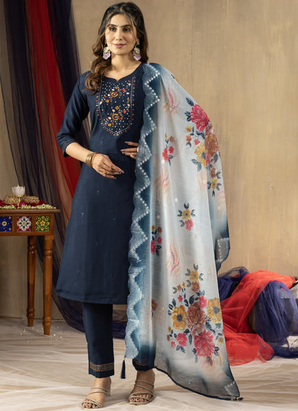 Prazu Fashion Blue Viscose Mango Silk Embroidered Thread Work Kurta Set