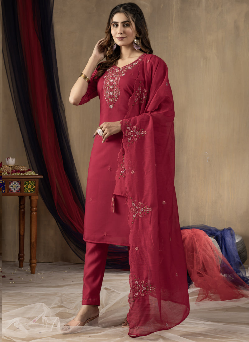 Prazu Fashion Rani Pink Roman Silk Thread Embroidered Designer Kurta Set