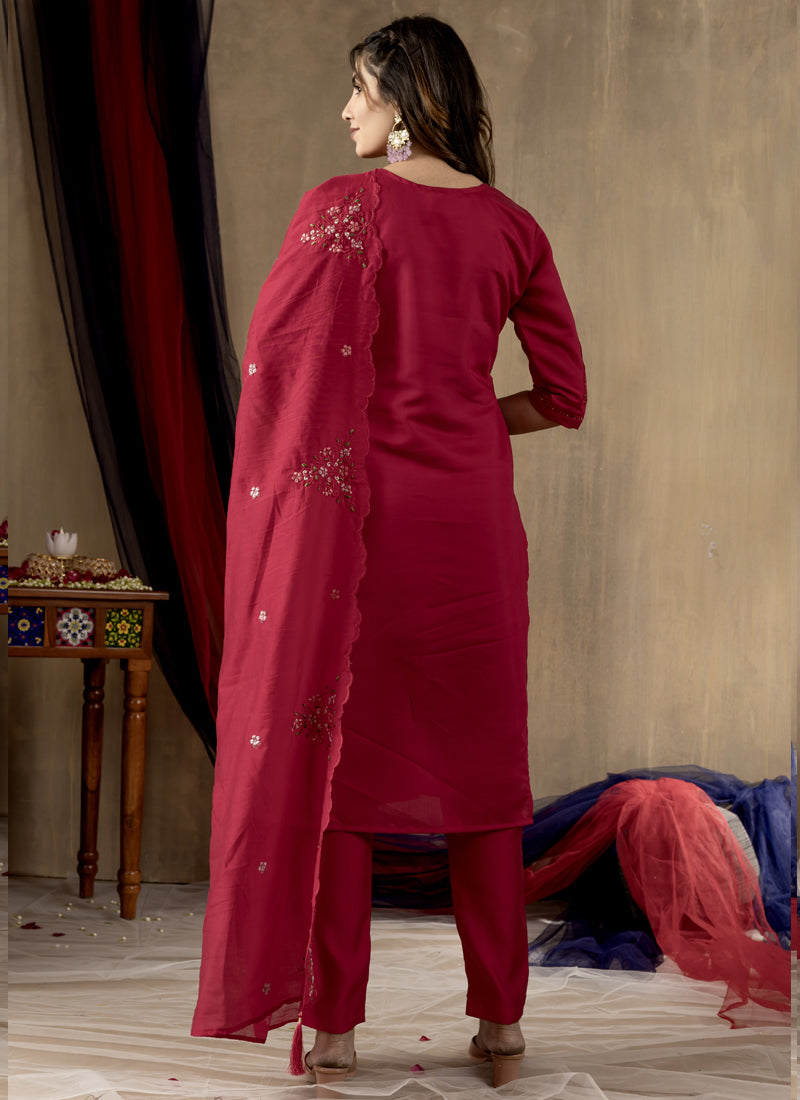 Prazu Fashion Rani Pink Roman Silk Thread Embroidered Designer Kurta Set