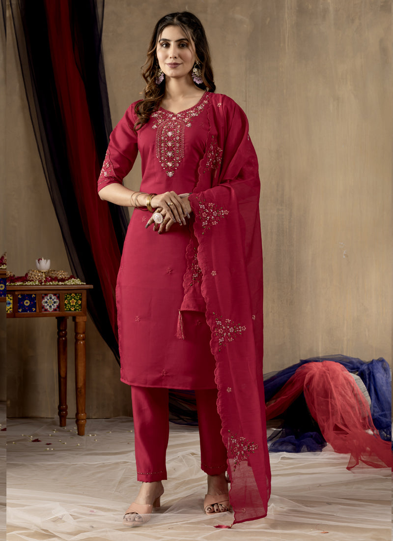 Prazu Fashion Rani Pink Roman Silk Thread Embroidered Designer Kurta Set