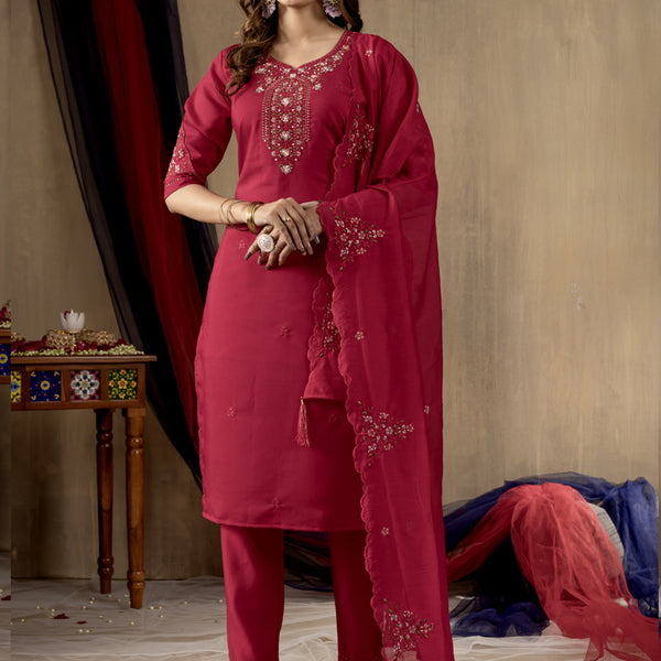 Prazu Fashion Rani Pink Roman Silk Thread Embroidered Designer Kurta Set - Distacart