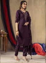Thumbnail for Prazu Fashion Wine Roman Silk Thread Embroidered Designer Kurta Set