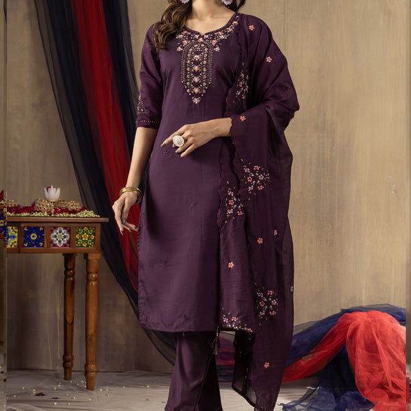 Prazu Fashion Wine Roman Silk Thread Embroidered Designer Kurta Set - Distacart