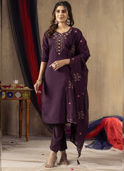 Prazu Fashion Wine Roman Silk Thread Embroidered Designer Kurta Set