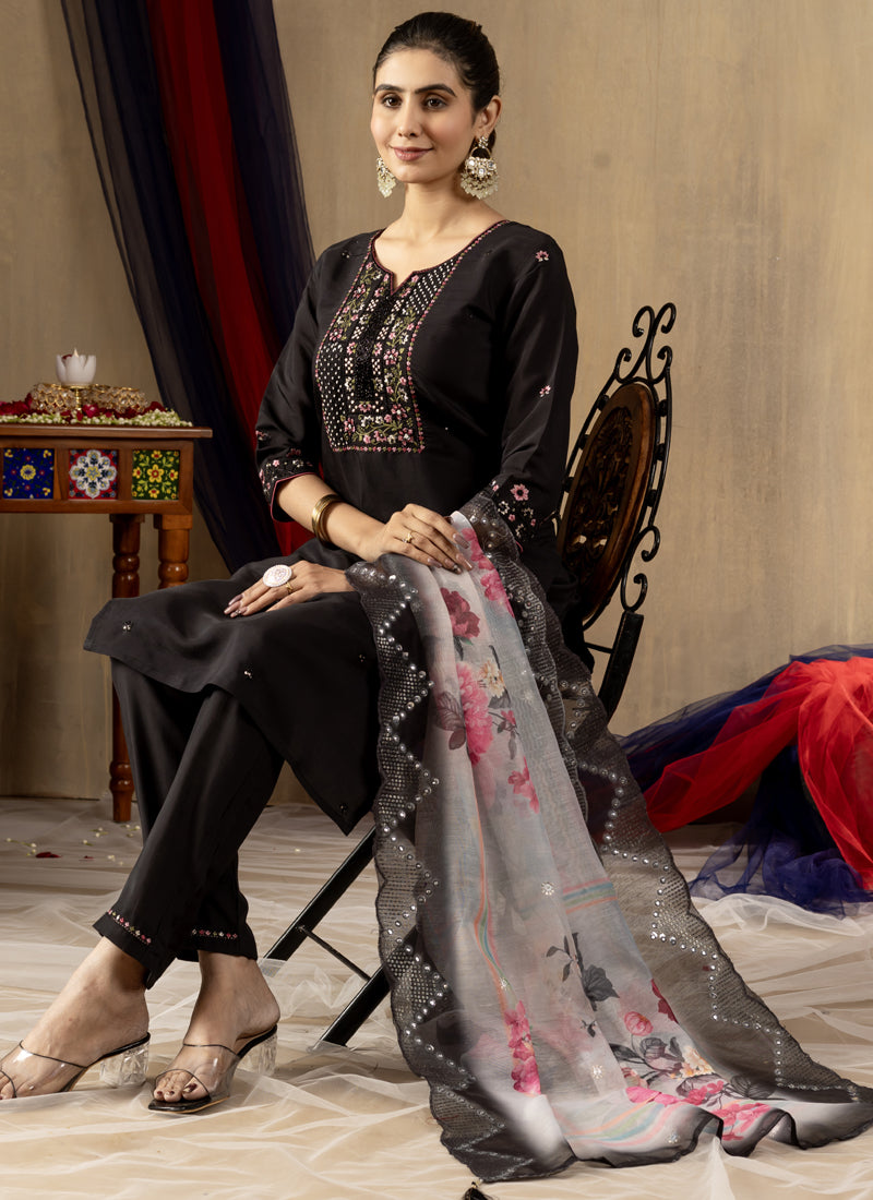 Prazu Fashion Black Roman Silk Thread Embroidered Designer Kurta Set
