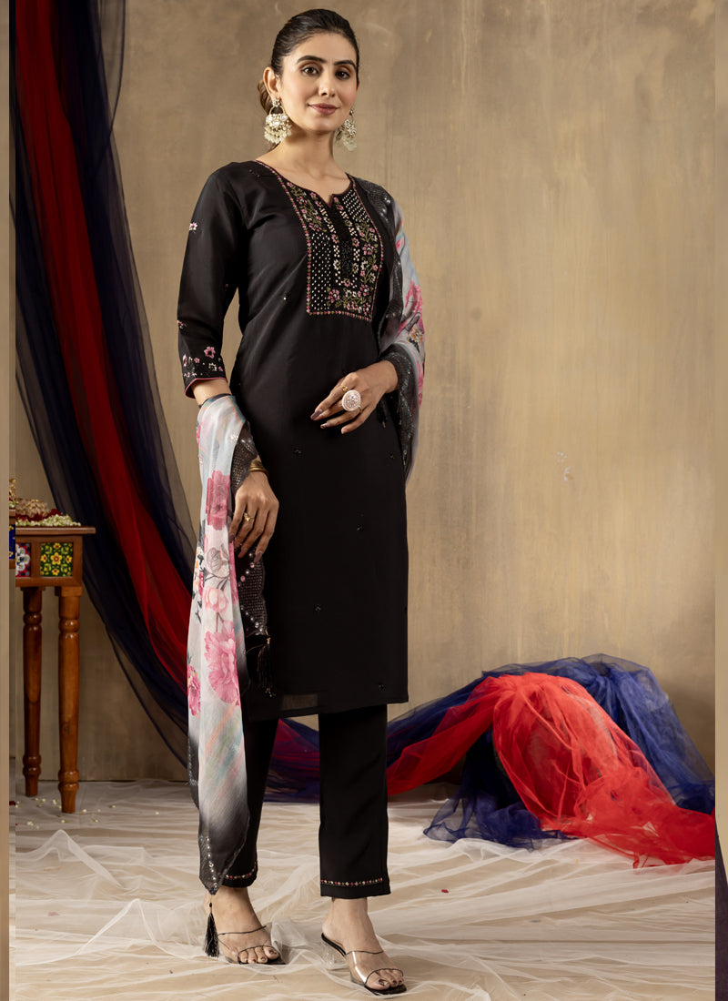 Prazu Fashion Black Roman Silk Thread Embroidered Designer Kurta Set
