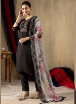 Thumbnail for Prazu Fashion Black Roman Silk Thread Embroidered Designer Kurta Set
