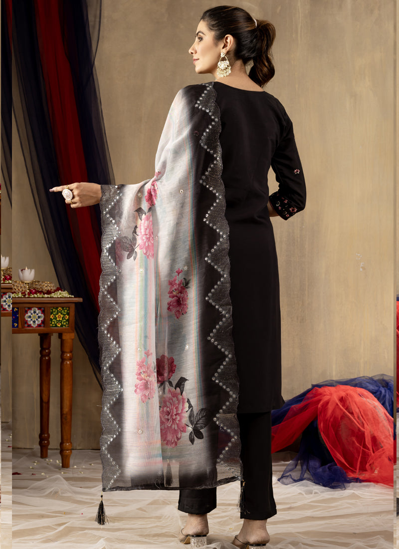 Prazu Fashion Black Roman Silk Thread Embroidered Designer Kurta Set