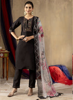 Thumbnail for Prazu Fashion Black Roman Silk Thread Embroidered Designer Kurta Set