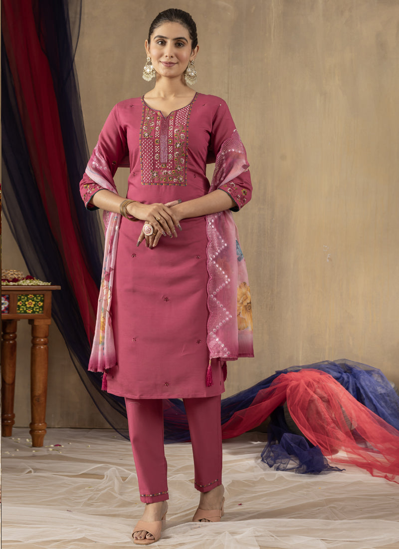 Prazu Fashion Onion Pink Roman Silk Thread Embroidered Designer Kurta Set