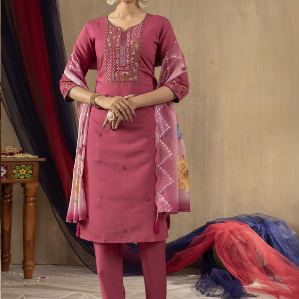 Prazu Fashion Onion Pink Roman Silk Thread Embroidered Designer Kurta Set - Distacart