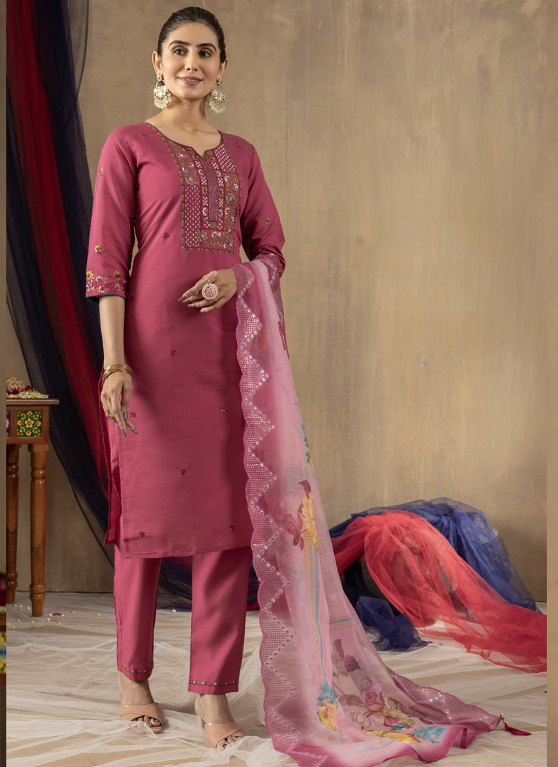 Prazu Fashion Onion Pink Roman Silk Thread Embroidered Designer Kurta Set