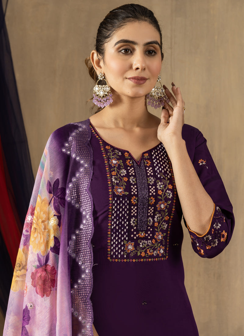 Prazu Fashion Purple Roman Silk Thread Embroidered Designer Kurta Set