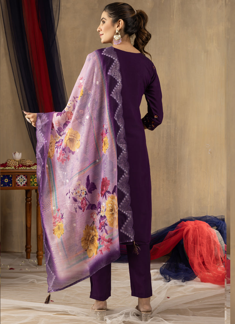 Prazu Fashion Purple Roman Silk Thread Embroidered Designer Kurta Set