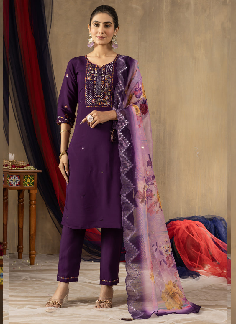 Prazu Fashion Purple Roman Silk Thread Embroidered Designer Kurta Set