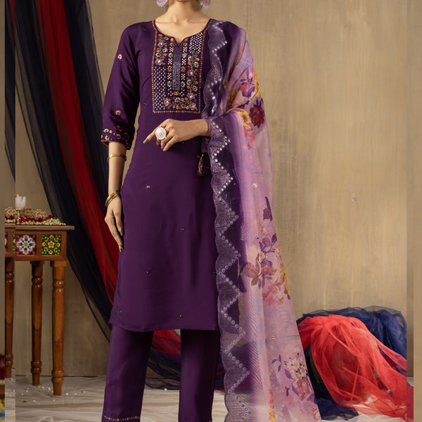 Prazu Fashion Purple Roman Silk Thread Embroidered Designer Kurta Set - Distacart
