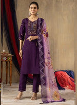 Thumbnail for Prazu Fashion Purple Roman Silk Thread Embroidered Designer Kurta Set