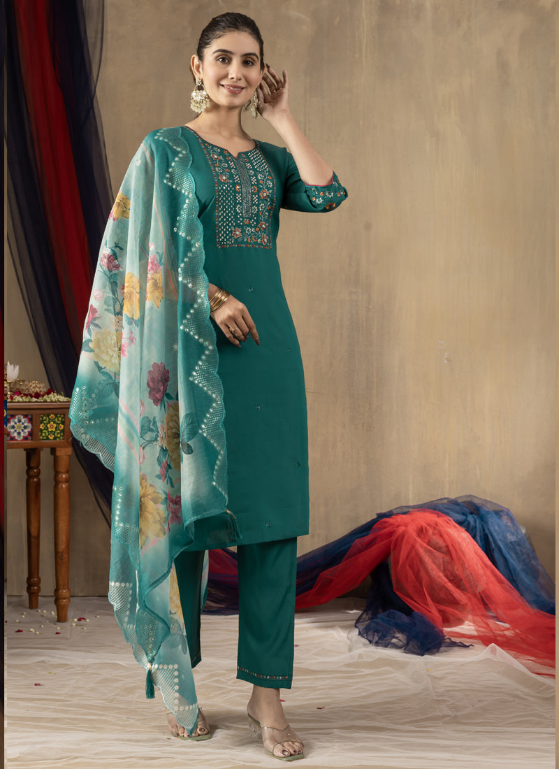 Prazu Fashion Rama Green Roman Silk Thread Embroidered Designer Kurta Set