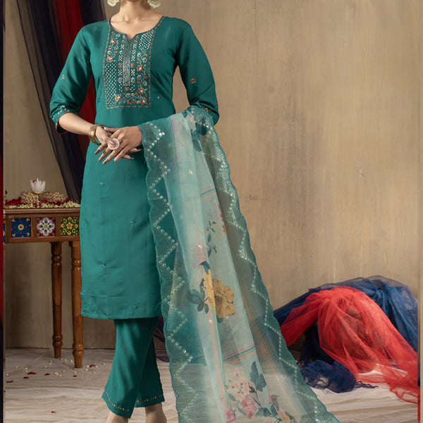 Prazu Fashion Rama Green Roman Silk Thread Embroidered Designer Kurta Set - Distacart