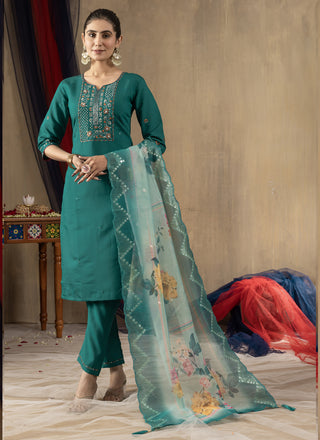 Prazu Fashion Rama Green Roman Silk Thread Embroidered Designer Kurta Set