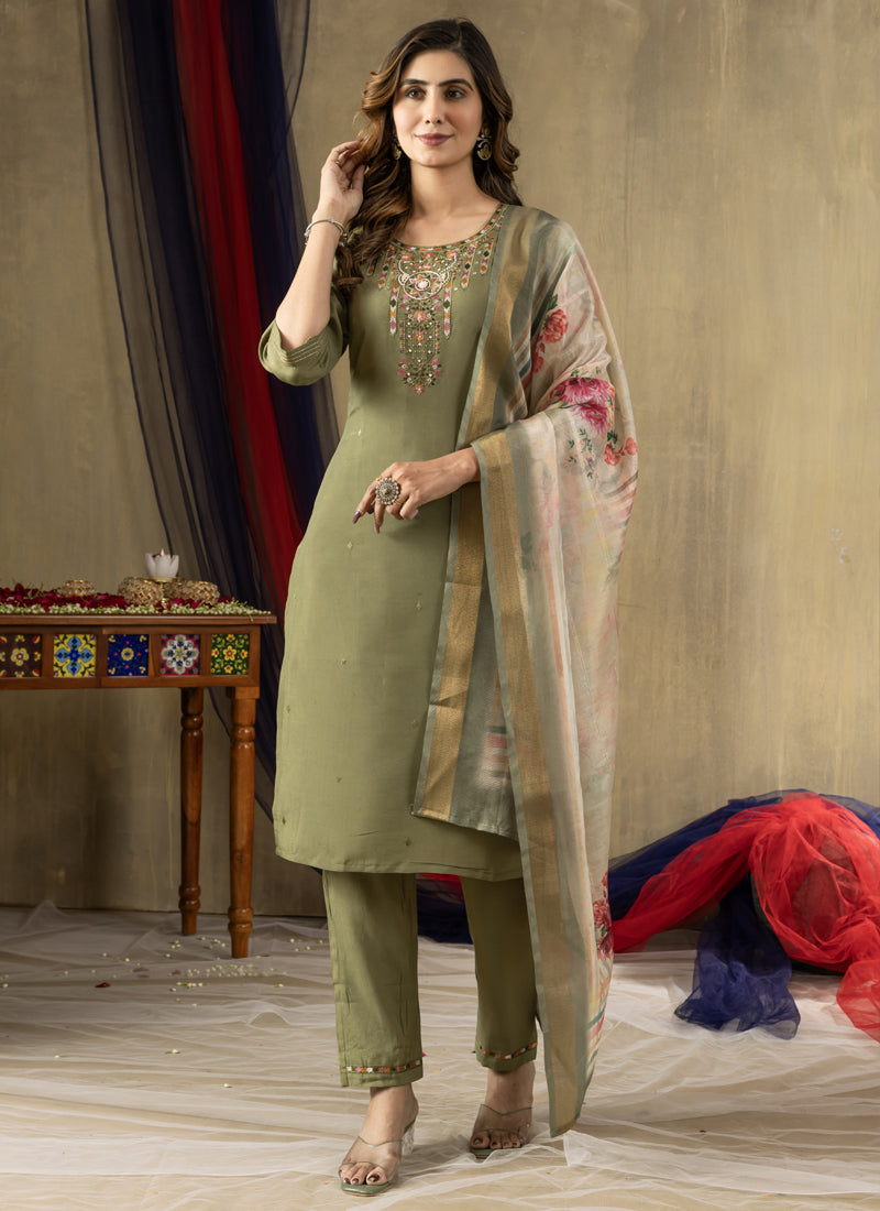 Prazu Fashion Mehendi Shimmer Gold Silk Thread Embroidered Designer Kurta Set