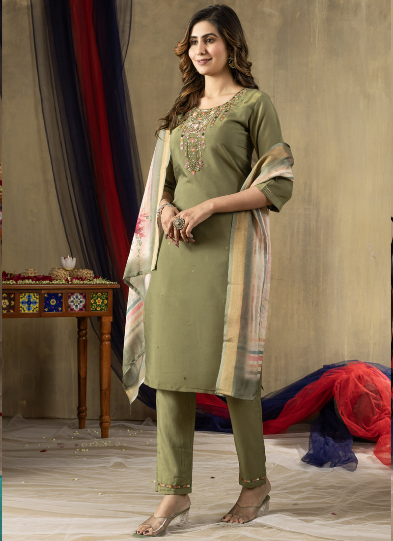 Prazu Fashion Mehendi Shimmer Gold Silk Thread Embroidered Designer Kurta Set