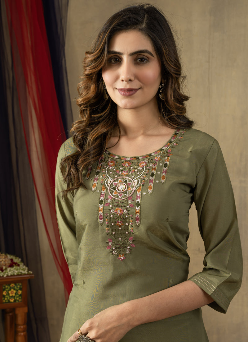 Prazu Fashion Mehendi Shimmer Gold Silk Thread Embroidered Designer Kurta Set