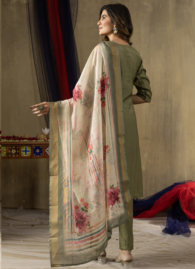 Prazu Fashion Mehendi Shimmer Gold Silk Thread Embroidered Designer Kurta Set