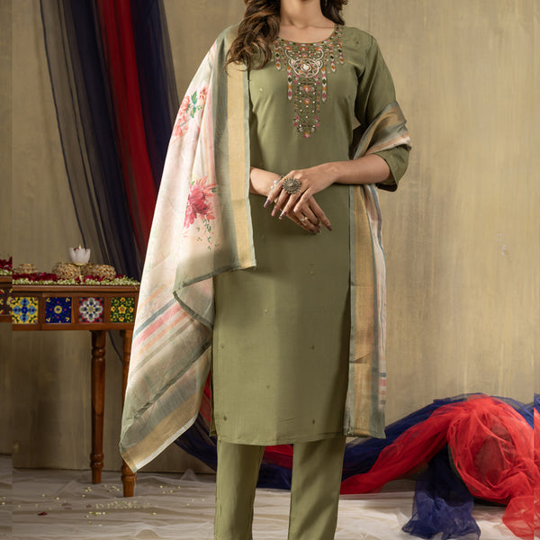 Prazu Fashion Mehendi Shimmer Gold Silk Thread Embroidered Designer Kurta Set - Distacart
