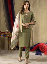 Thumbnail for Prazu Fashion Mehendi Shimmer Gold Silk Thread Embroidered Designer Kurta Set