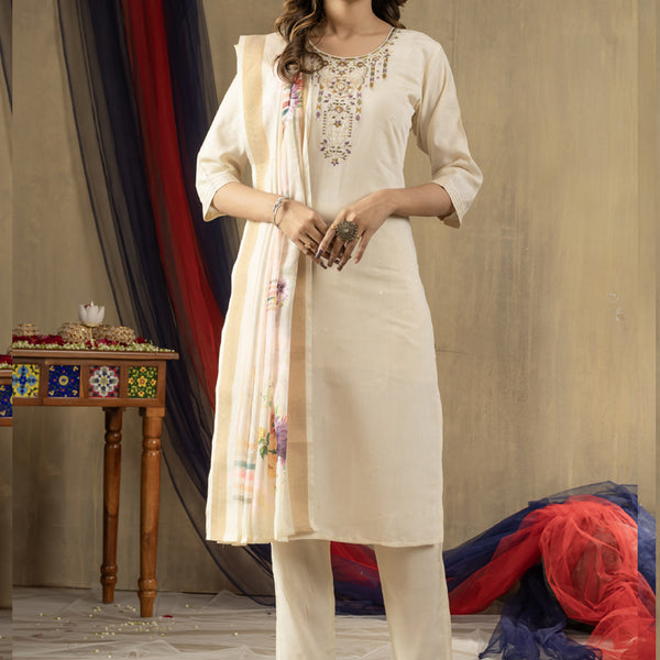 Prazu Fashion Off White Shimmer Gold Silk Thread Embroidered Designer Kurta Set - Distacart
