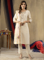 Thumbnail for Prazu Fashion Off White Shimmer Gold Silk Thread Embroidered Designer Kurta Set