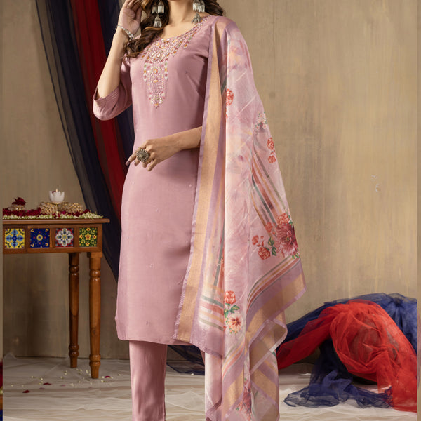 Prazu Fashion Onion Pink Shimmer Gold Silk Thread Embroidered Designer Kurta Set - Distacart