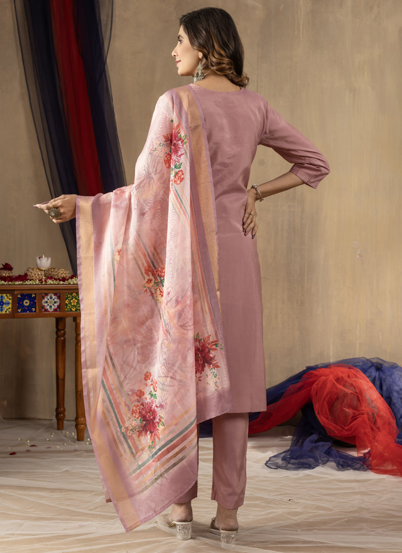 Prazu Fashion Onion Pink Shimmer Gold Silk Thread Embroidered Designer Kurta Set