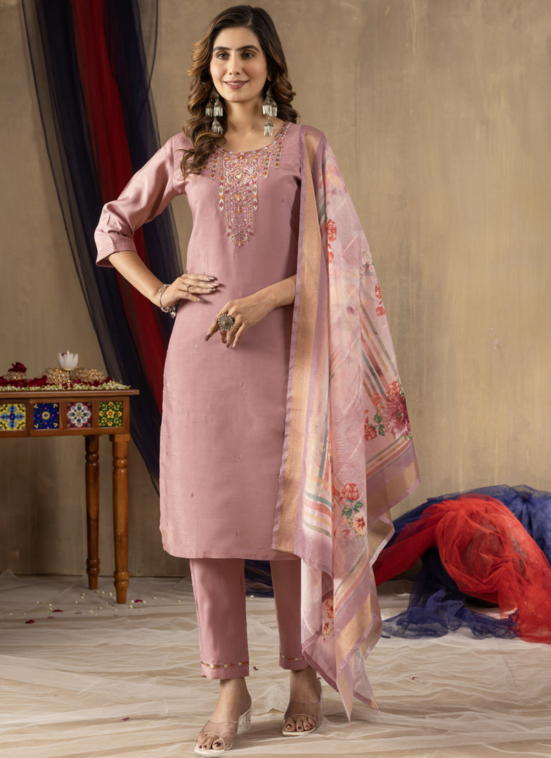 Prazu Fashion Onion Pink Shimmer Gold Silk Thread Embroidered Designer Kurta Set