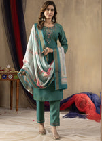 Thumbnail for Prazu Fashion Rama Green Shimmer Gold Silk Thread Embroidered Designer Kurta Set