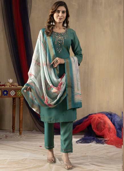 Prazu Fashion Rama Green Shimmer Gold Silk Thread Embroidered Designer Kurta Set