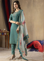 Thumbnail for Prazu Fashion Rama Green Shimmer Gold Silk Thread Embroidered Designer Kurta Set