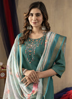 Thumbnail for Prazu Fashion Rama Green Shimmer Gold Silk Thread Embroidered Designer Kurta Set